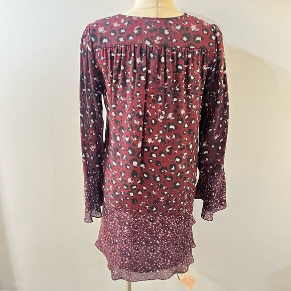 Parker Silk Purple Leopard Printed Bell Sleeve Kimberly Flounce Dress Small - Picture 5 of 8